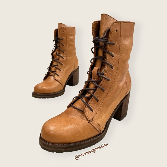 Frye Karen Cognac Tan Leather Combat Lace Up Combat Wood Block Heel Ankle Boot - Picture 11 of 16